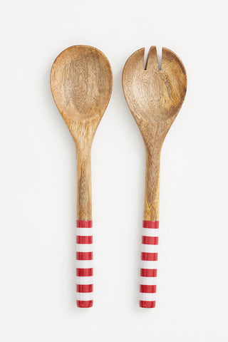 Striped Enameled Wood Salad Servers